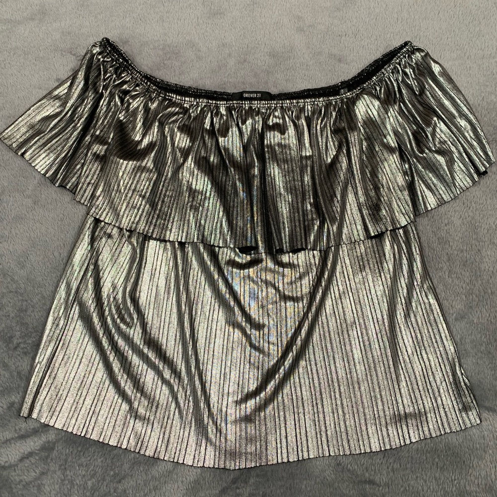 Forever 21 Silver Metallic Off the Shoulder Top
